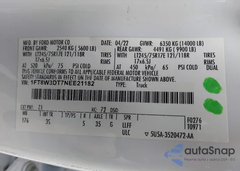 2022 Ford F-350 z USA, uszkodzony, nr VIN 1FT8W3DT7NEE21182